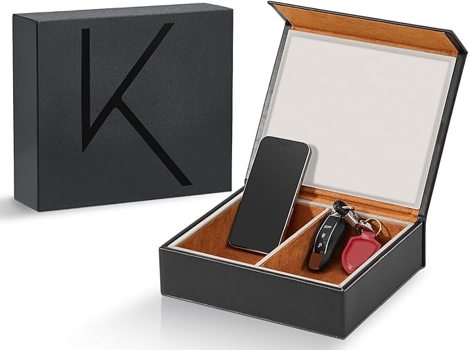 KK7 PLUS-BK Faraday Key Fob Protector Box with 2 Slots, RFID Signal Blocking Shielding Box for Car Keys, Anti-Theft Vintage Faraday Cage with High-Grade Protein Leather, Black - Size: XL
