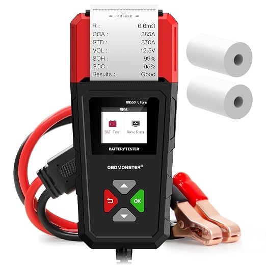 Car Battery Tester OBDMONSTER BM550U 6V/12V/24V 100-2000CCA Lead-Acid Battery Load Tester 1.8" HD Screen Automotive Digital Battery Voltage Tester with Built-in Printer