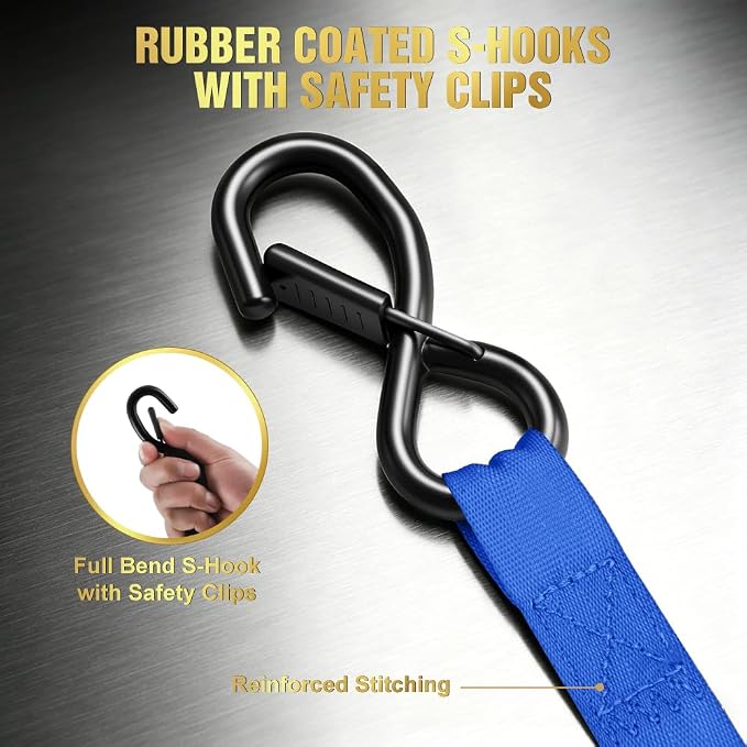 Retractable Ratchet Straps (4-Pack) - 1 Inch x 15 Feet (1,764lb Break Strength) - Auto Self Retracting Tie Down Straps Heavy Duty for Motorcycle, ATV, UTV, Truck, Cargo Trailer – Blue