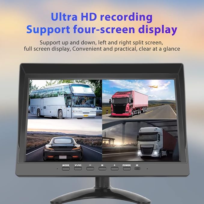 Hikity 10 Inch Small Monitor Screen Video Displays Quad Split HD Screen, 4 Channels RCA Video Inputs for Car Backup Camera & Home Surveillance Security System + Headrest Mounting Bracket & Dash Stand