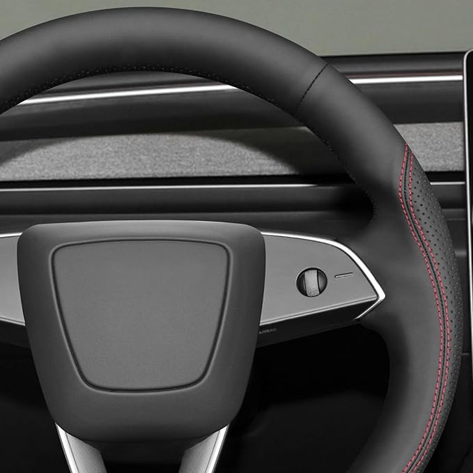 MEWANT DIY Steering Wheel Cover for Tesla Model 3 Highland Model Juniper 2025 Black Faux Leather Steering Wheel Wrap