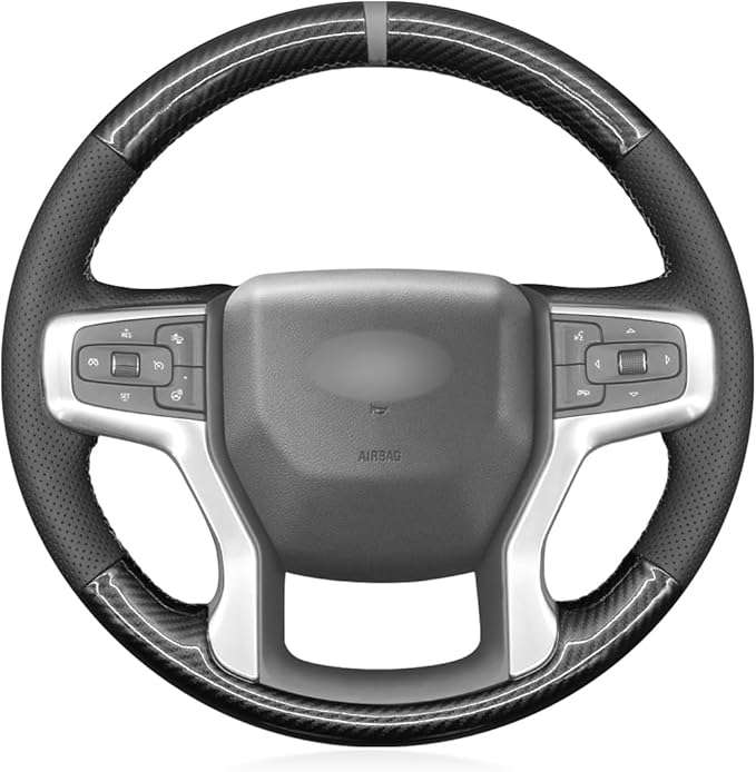 MEWANT DIY Black Genuine Leather PU Carbon Fiber Steering Wheel Wrap for Chevy Blazer Silverado 1500 2500 Suburban Tahoe