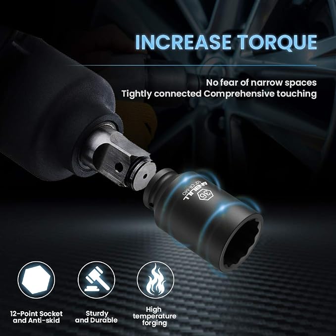 Anbull 1/2" 9 PCS Deep Axle nut Impact Socket Set, CR-Mo Steel, 12-Point Design, Metric Sizes(29, 30, 31, 32, 33, 34, 35, 36, 38mm)