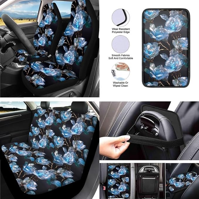 Crystal Rose Blue Artwork Print 13 Pcs Car Seat Covers Full Set Rose Hand Drawing Steering Wheel Cover Back Headrest Cover Coaster Keychains for Trucks Sedan SUV