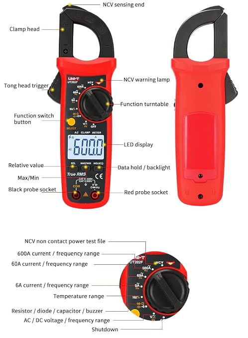 UNI-T Uni-Trend Multimeter clamp Meter UT201R/UT202R/UT203R/UT204R/UT202F AC/DC 400/600A Digital Ammeter clamp Meter DC AC for Measuring Ammeter Voltmeter Ohm Tester(UT203R)