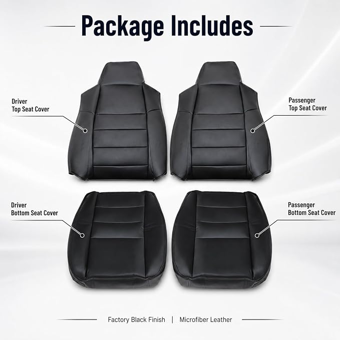 NLQR Black Driver & Passenger Side Bottom & Top Lean Back Replacement Microfiber Leather Seat Covers fit for Ford F250 F350 F450 F550 Lariat 2002 2003 2004 2005 2006 2007 Excursion 2002 2003 2004 2005