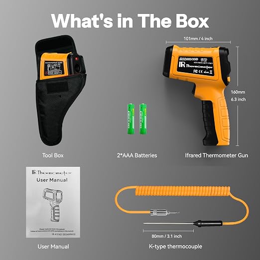 50:1 Infrared Thermometer Gun，-58°F to 2732°F，with K-Type Probe | 932°F K-Type Probe Included，Humidity & Ambient Condition Monitoring，Industrial HVAC & Equipment Diagnostics