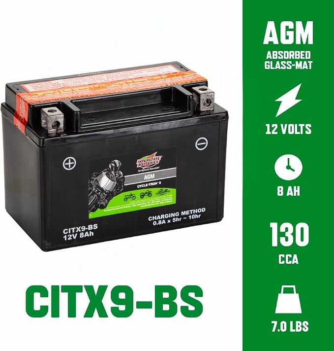 Interstate Batteries YTX9-BS 12V 8Ah Powersports Battery 130CCA AGM Rechargeable Replacement for BMW, Honda, Kawasaki Motorcycles, ATVs, Scooters (CITX9-BS)