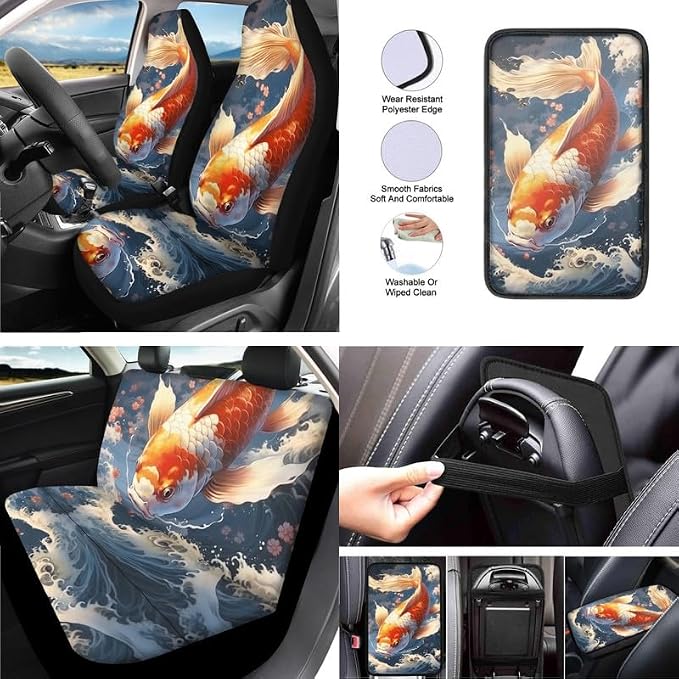 Koi Carp Hand Drawing 13 Pieces Seat Covers Accessories Lucky Fish Art Painting Steering Wheel Cover Seat Cover Full Set Seat Belt Shoulder Pad Car Cover for Truck SUV