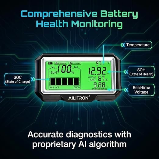 12V Battery Tester Wireless Battery Monitor 433MHz Wireless Battery Tester with Cranking Charging Test/Voltage/Temperature/Alarm/Real-Time Monitoring for Car, Motor, RV, Truck, Boat,Golf Cart, Solar