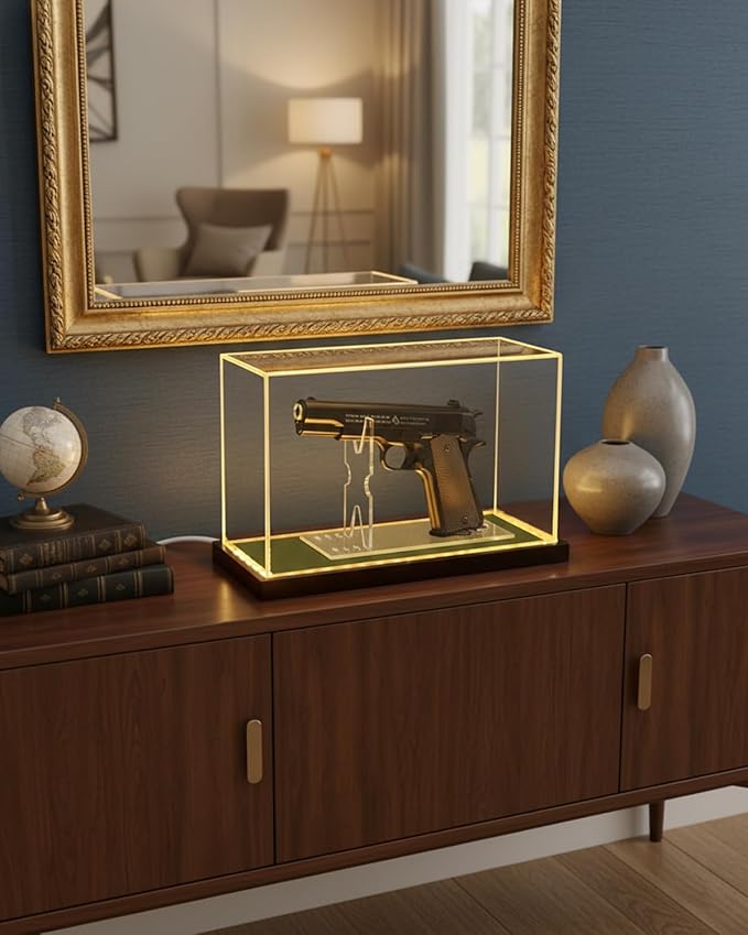 Premium Acrylic Pistol Display Case with Amber Yellow LED Light, Solid Wood Base & Built-in Stand | UV Resistant Pistol Display Box for Gun Collector, Fits Most Pistols - 12" x 5.3" x 7.5"