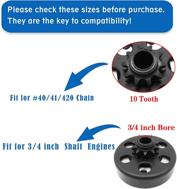 Go Kart Clutch 3/4" Bore 10 Tooth with #40/41/420 Chain, Centrifugal Clutch for Predator 212, MiniBike, Go Kart, Lawnmower and Honda GC GX 2-6.5HP Engine and Small Engines performance Parts.