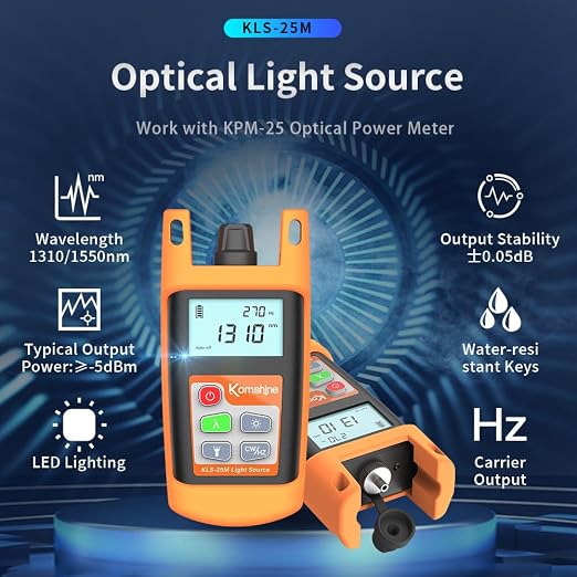 Fiber Optic Light Source KLS-25M SM 1310/1550nm + 2.5mm Universal Interface + LED Lights + Mini Case Protection Design Compact & Generous FTTH Fiber Optical Test Tool