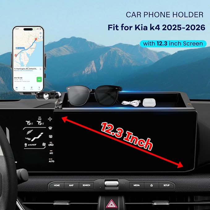 Car Phone Holder Compatible with Kia K4 2025 2026 Accessories 12.3-Inch Screen Fixed Clip, Cell Phone Mount with Dash Organizer Storage Box Hands-Free 360° Rotation