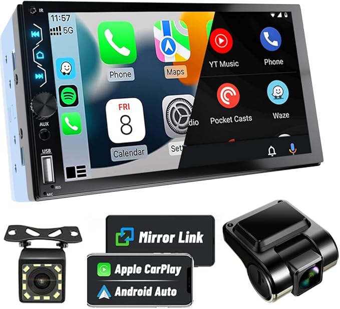 Leadfan Double Din Car Stereo with Dash Cam,7 Inch Full HD Touchscreen Car Audio Receiver Support Carplay and Android Auto,Car Stereo with Bluetooth,Mirror Link,Backup Camera,FM/USB/AUX/Subwoofer