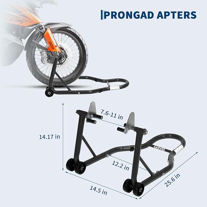Garvee Motorcycle Stands Front and Rear, 900 LB Heavy Duty Front & Rear Wheel Lift Combo with Prong Adapters+L Adjustable Swingarm Spool, Universal Paddock Stands for Most Motorcycles, Black