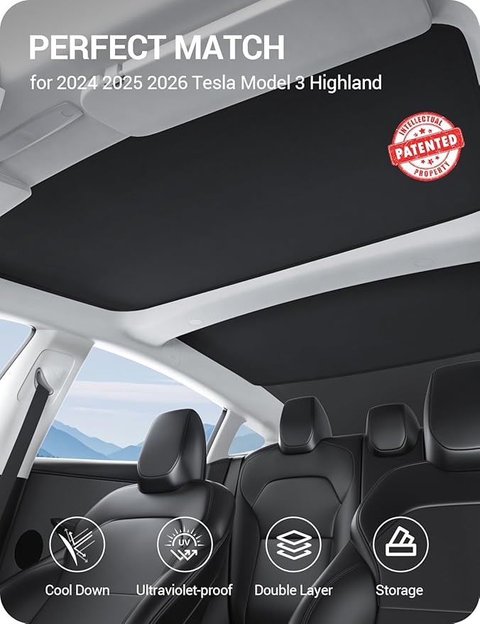 BASENOR 2026-2024 Tesla Model 3 Sunshade Roof, [Nano Ice-Crystal Coatings] Heat Insulation Glass Roof Shade, Top Window Retractable Sun Protection, Sunroof Blocking Cover for Model 3 Highland Black
