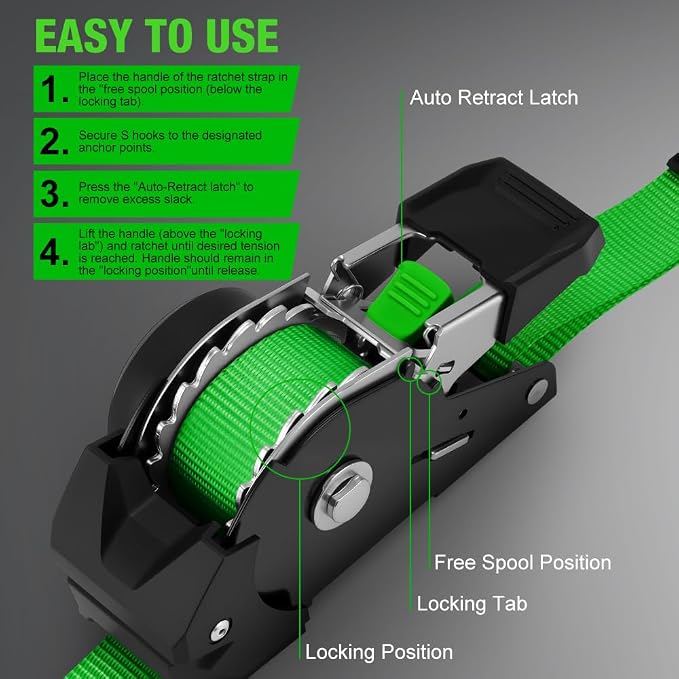Retractable Ratchet Straps (4-Pack) - 1 Inch x 10 Feet (1,650lb Break Strength) - Heavy Duty Auto Self Retracting Tie Down Straps for Motorcycle, ATV, UTV, Truck, Cargo Trailer - Green