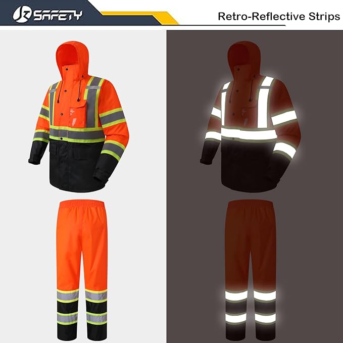 JKSafety Hi-Vis Reflective Safety Rain Jacket and Pants for Men Women Waterproof Rain Gears for Farming Fishing Work HV Rain Suit with Inner Mesh Lining and Pockets (117-Orange XXL)