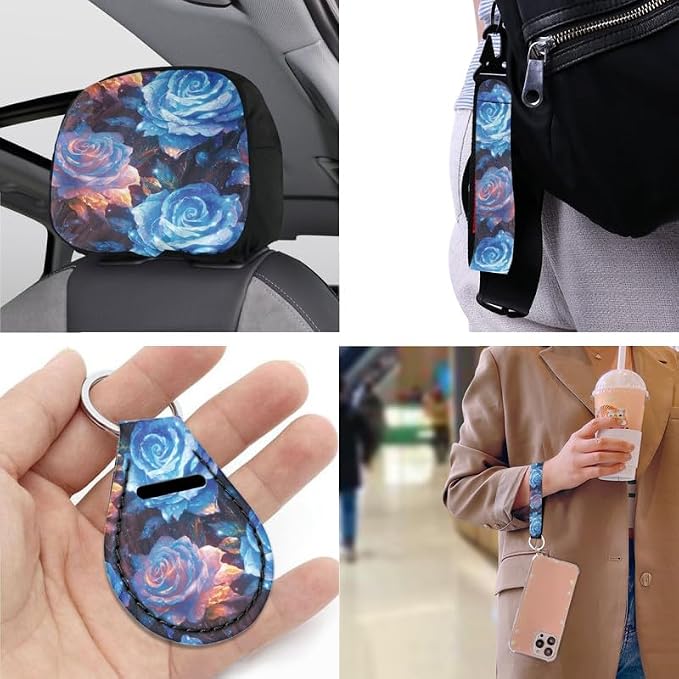 Multi-Colour Rose Floral Print 13 Pcs Universal Car Seat Covers Set, Colorful Crystal Rose Steering Wheel Cover Cup Coasters Trucks Sedan SUV Cover Armrest Cushion Pad