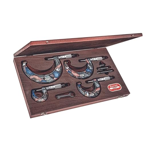Starrett Outside Micrometer Set with Smooth Friction Thimble, Combination Ratchet and Speeder - American Pride Theme, 0-4" Set Range, .0001" Graduation - SAPT436.1XRLZ