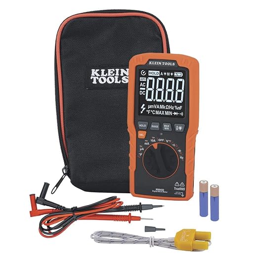 Klein Tools MM450 Multimeter, Slim Digital Meter, Auto-Ranging TRMS, 600V AC/DC Voltage, Current, Resistance, Temp, Frequency, Continuity & 69410 Replacement Test Lead Set, Right Angle