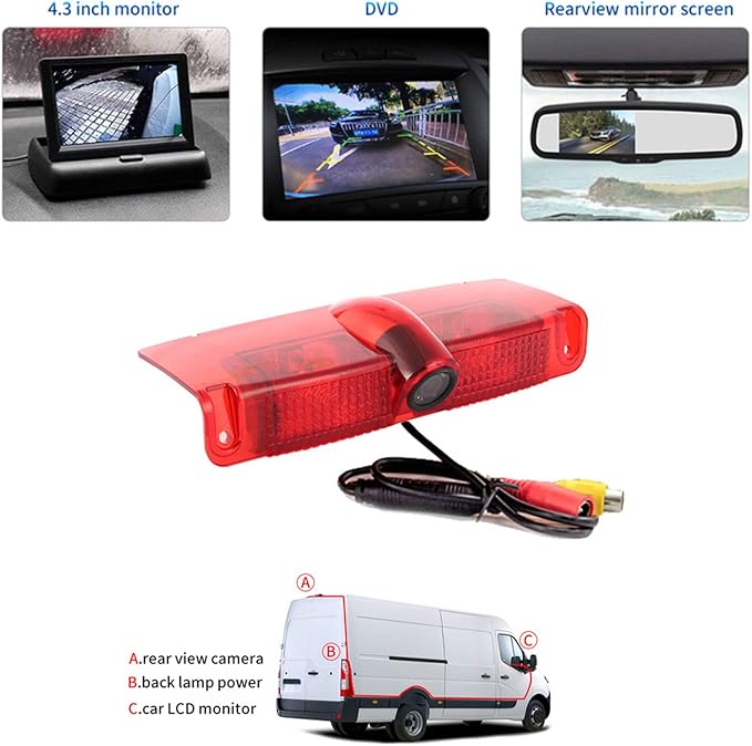 3rd Third Brake Light Backup Camera, Compatible with Chevy Express Van & GMC Savana Van 2003-2017, High Mount Reversing Camera, Night Vision Rear View Camera, Standard AV RCA