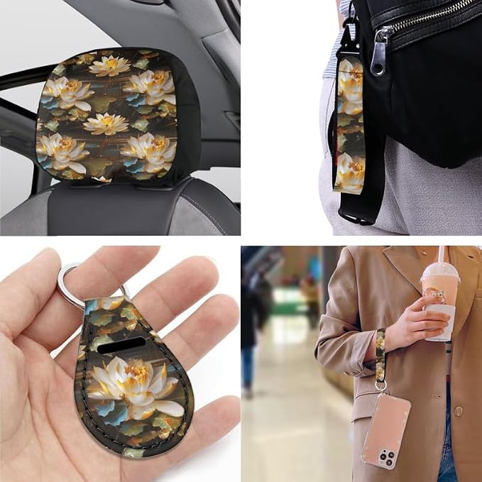 Lotus Oil Painting Pattern Car Seat Covers Seat Cover Set of Waterlily Hand Drawing Print 13 Pack Ultra-Soft Universal Fit for Cars Keychain Coaster for SUV Sedan Van