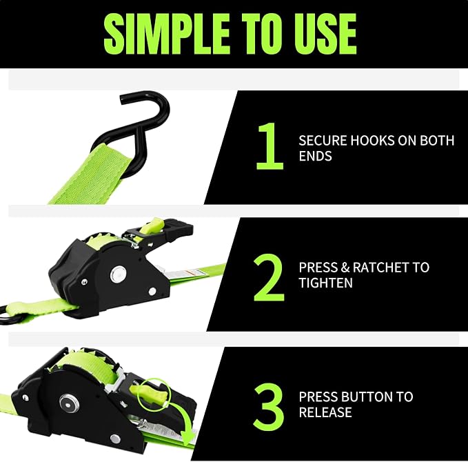 Retractable Ratchet Straps, 4-Pack, 1 Inch x 12 Feet, 1,760lb Break Strength, Self Retracting Tie Down for Truck, Cargo Trailer, Motorcycle, ATV, UTV (Neon Green, 4pack)