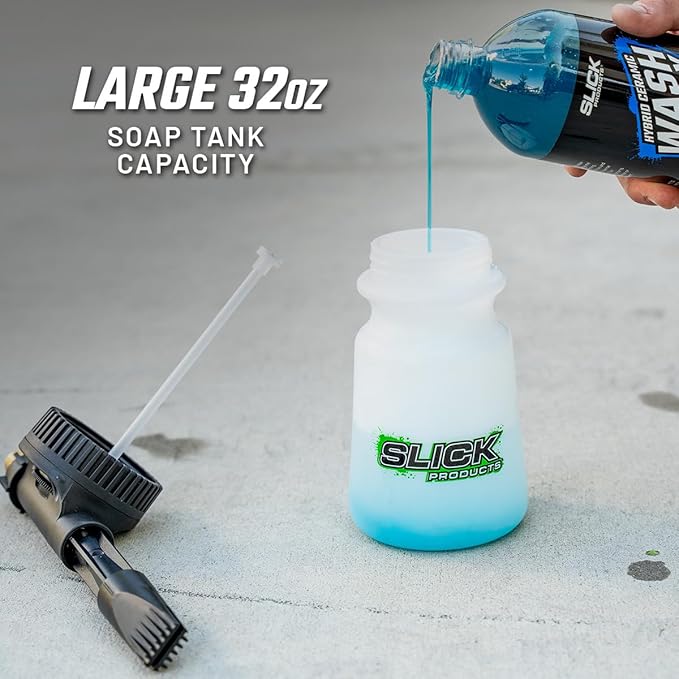 Slick Products Garden Hose Foam Gun – Soap Foam Blaster with Adjustable Dial & Quick Release | 32oz Tank for Cars, Trucks, Motorcycles, ATVs, UTVs, RVs, Boats & More