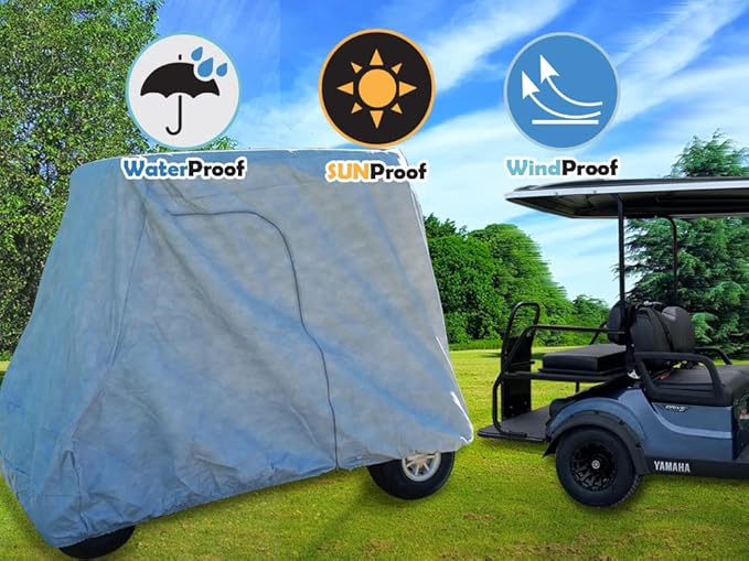 CarsCover HD Waterproof Golf Cart Cover 2+2 Passenger 5 Layer Storage Covers for Yamaha, Club Car, EZ Go (Fit up to 108 inch Long)