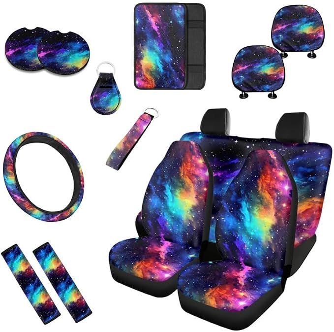 Rainbow Nebula Starry Space Car Seat Cover Full Set 13 Pcs Colorful Galaxy Starry Sky Front Back Seat Cover Steering Wheel Cover,Seatbelt Pad Keychain Coaster