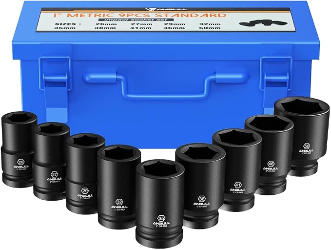 1 Inch Drive Deep Impact Socket Set, 9 Pieces Jumbo Impact Socket Sets, 6-Point, Metric Sizes (26, 27, 29, 32, 35, 38, 41, 46, 50mm), CR-Mo Steel (1 Inch-Metric)