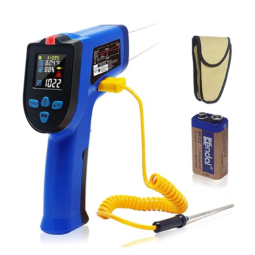 Ketotek Infrared Thermometer, Laser Temperature Gun Non Contact -58 to 1022°F with K Type Thermocouple Probe Humidity NCV Detector, Color LCD for Cooking Pizza Oven BBQ Freezer Industrial