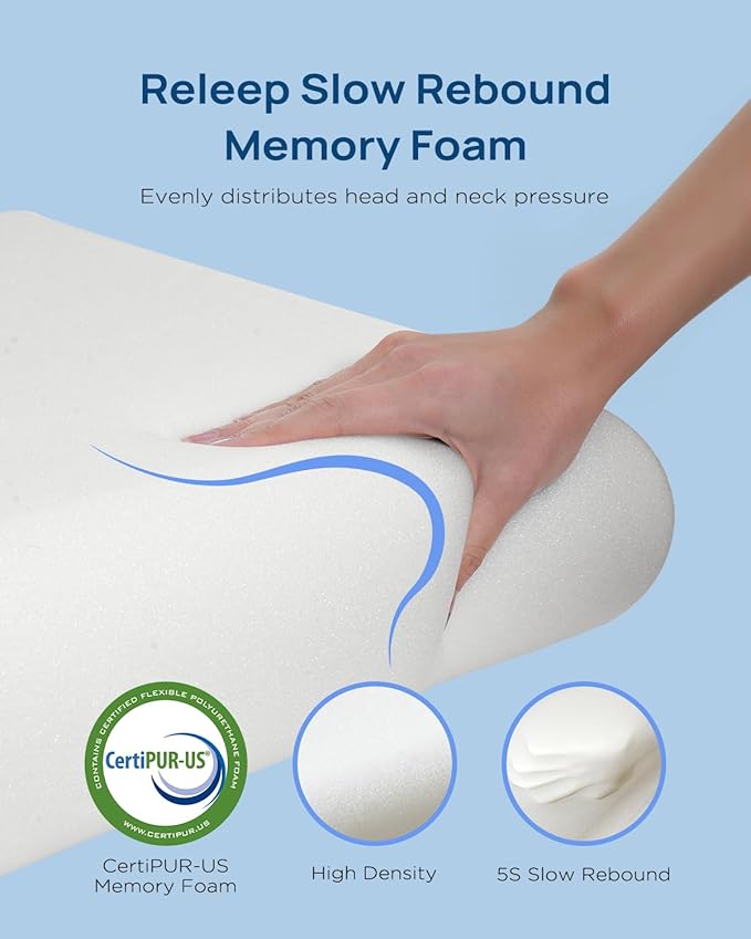Releep Cooling Soft Memory Foam Pillow, Cervical Neck Pillow for Side Sleepers, Back & Stomach Sleepers, Ergonomic Orthopedic Design for Neck Pain Relief and Deep Sleep, CertiPUR-US, White