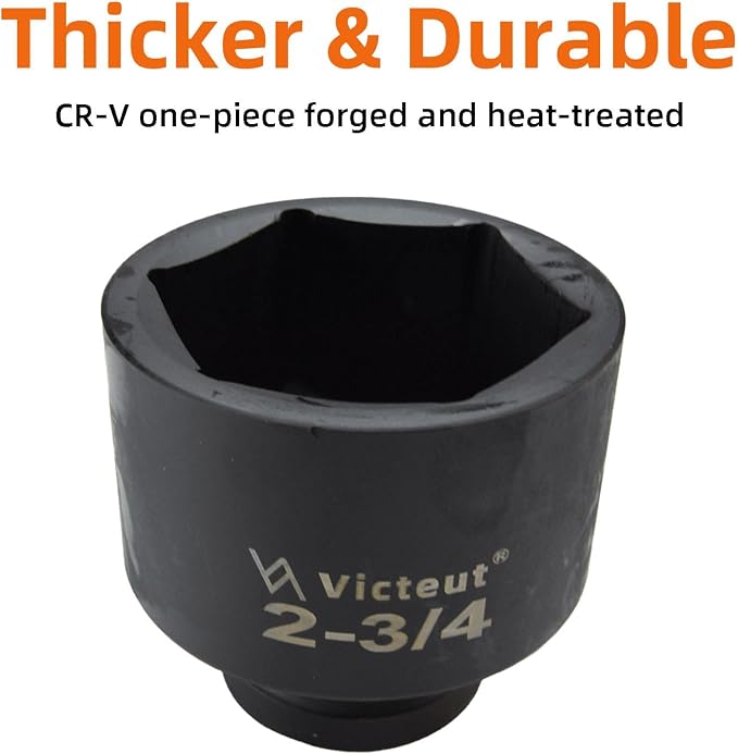 1" Drive 2-3/4" Impact Socket, 6-Point, Heat Treated Cr-V Alloy Steel, One-Piece Forged, Surface Phosphating and Blackening Treatment, Anti-rust, Radius Corner Design, No Harm to Nut Corners
