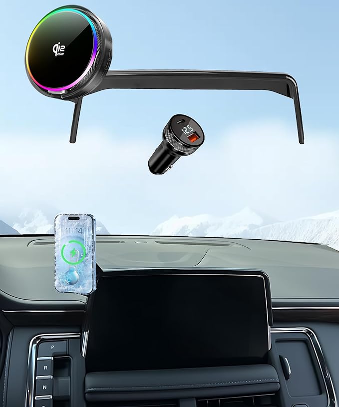 Qi2.2 25W Magnetic Car Mount Charger for Chevrolet Suburban/Tahoe/GMC Yukon 2021 2022 2023 2024 Accessories, for Fast Charging Cell Phone Holder 10.2 Inch Screen Fixed Clip with Cooling Fan