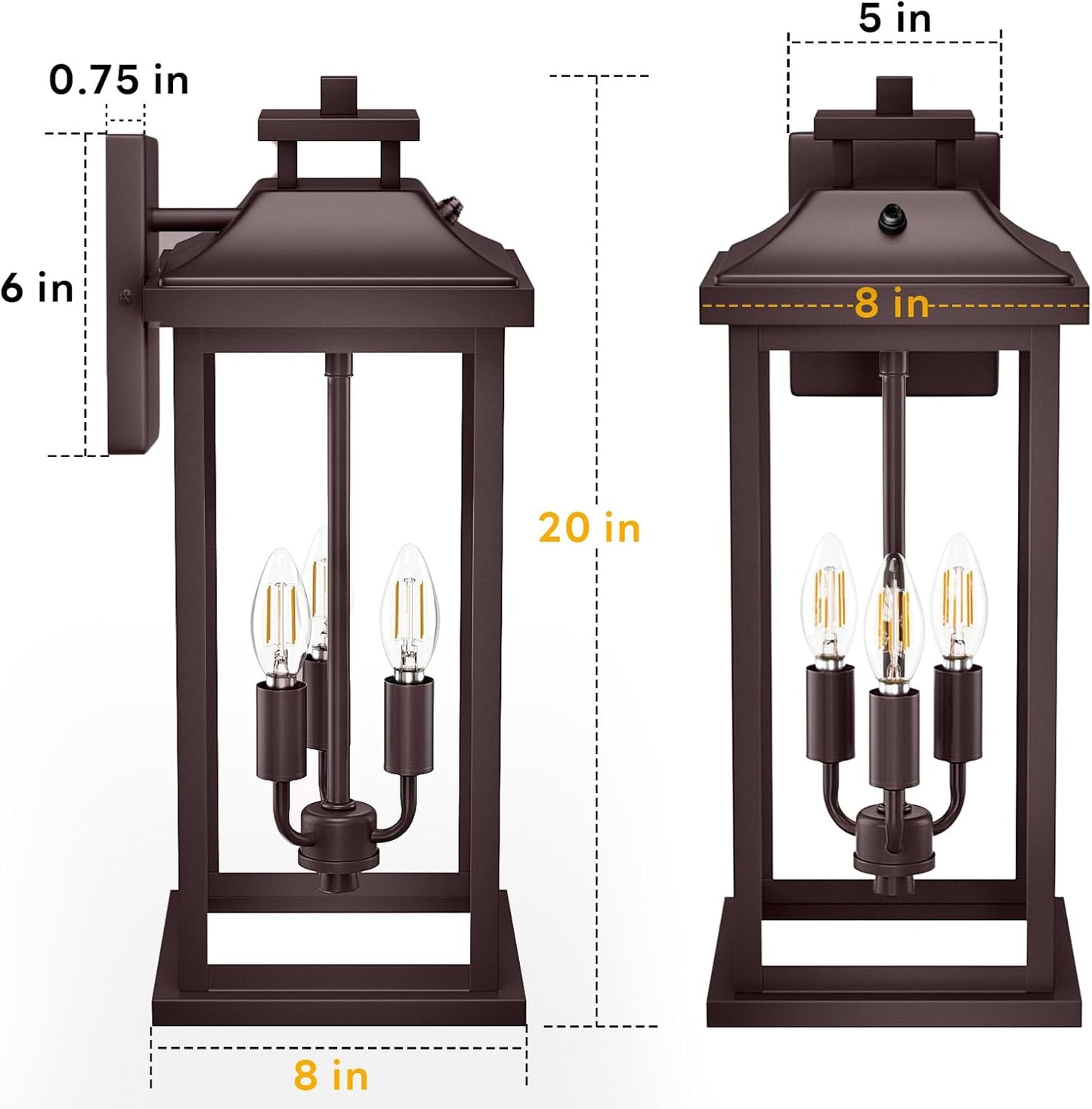 Oil Rubbed Bronze Dusk to Dawn Outside Lights 3-Light, 20" 2 Pack Porch Wall Mount Light Fixtures Large Brown Photocell Sensor Outdoor Wall Lanterns, Vintage Exterior Sconce Lamps E12