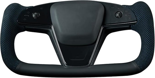 MEWANT DIY Black Genuine Leather Mesh Athsuede Blue Layer Steering Wheel Cover for Tesla Models Yoke 2021 Model X 2021