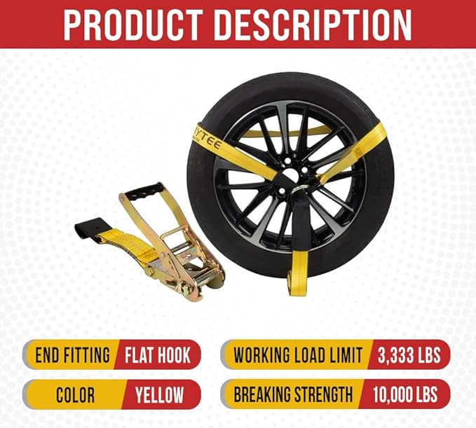 Mytee Products (8 Pack) 2" x 120" Car Tie Down Straps for Trailer with Flat Hook - 3333 LB WLL Lasso Style Tire Straps for Car Trailer with Ratchets - Vehicle Tie Down Wheel Straps for Hauling Cars