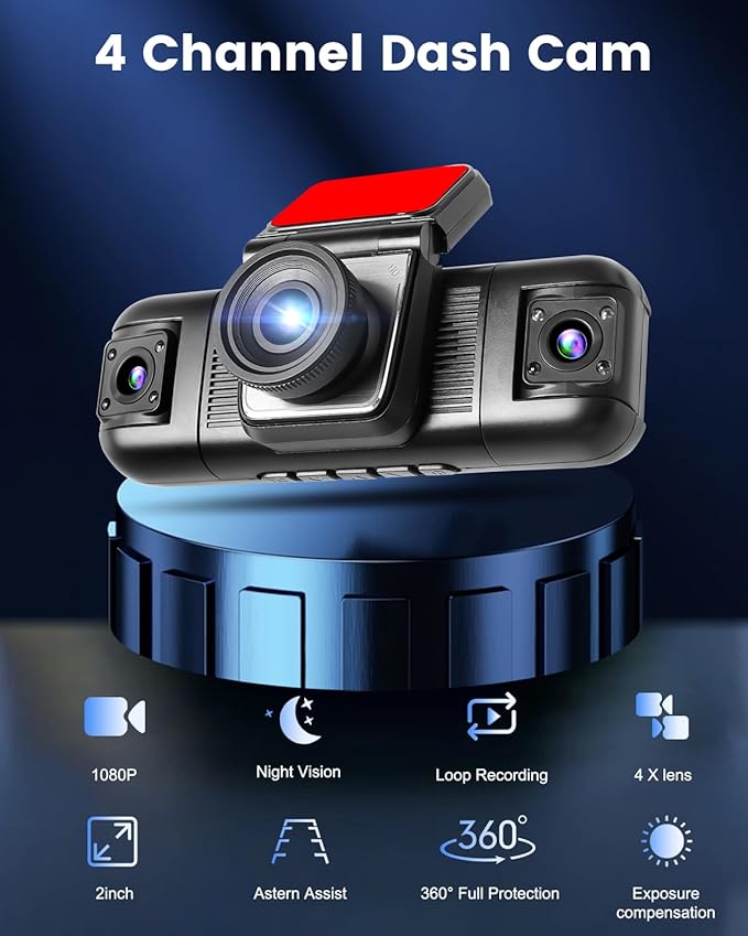 NHOPEEW 4 Channel Dash Cam 360° View, 1080P Front and Rear Inside Left Right Dash Camera for Cars - 2 inch IPS Screen Car Cameras with 8 IR Night Vision, Built-in Stereo, Loop Recording + 64G TF Card