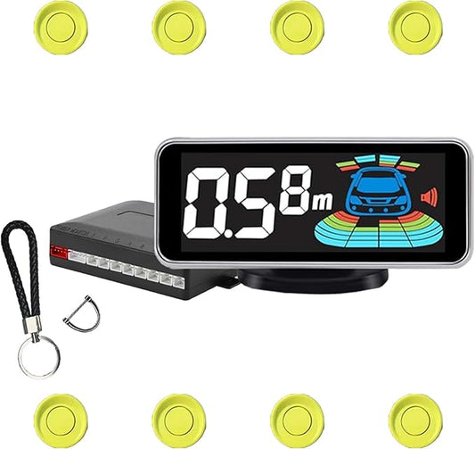 Backup Parktronic System Car Auto Vehicle Reverse with 8 Parking Sensors kit, LCD Display, Distance Detection (Meter/Foot Switchable), Buzzer Alarm and Voice Prompt Function（LightYellow