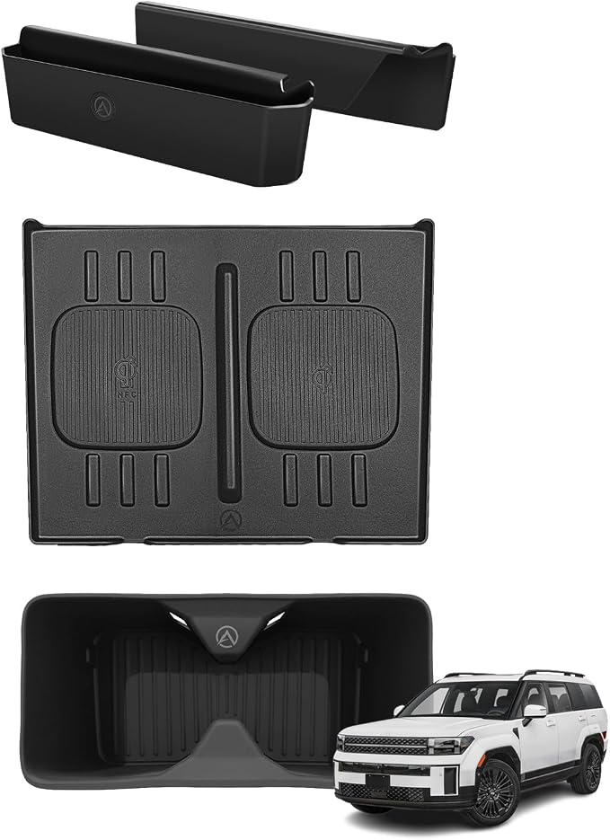 Muslogy Console Organizer Compatible with 2024 2025 2026 Hyundai Santa Fe Accessories Middle Console Storage Box Phone Pockets & Wireless Phone Charging Mat & Cup Holder Inserts Drink Holder