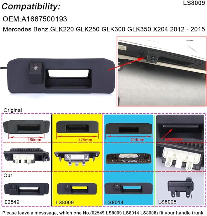 HD Rear View Camera Waterproof Car Trunk Handle Backup Camera Compatible with Mercedes-Benz GLK-Class X204 GLK300 GLA200 GLK200 GLK260 ML350 A180 A200 (LS8009=175 * 52mm)