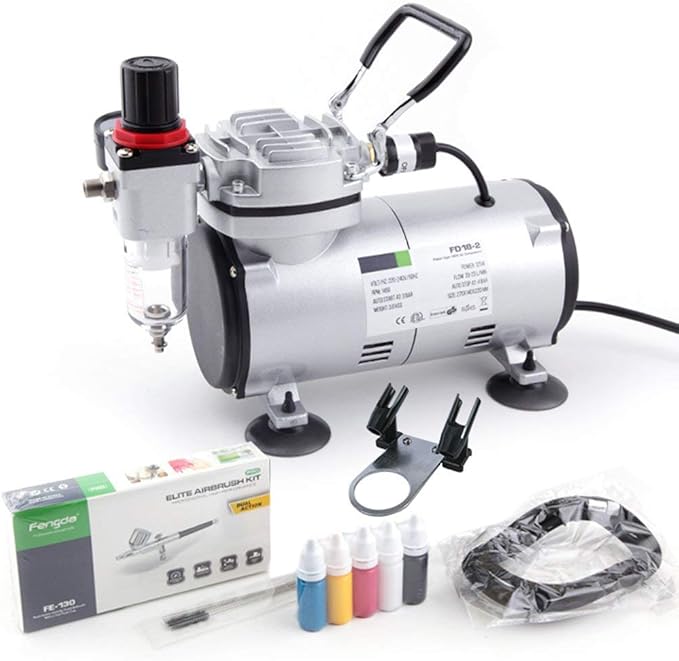 Timbertech Airbrush Kit With Compressor AS18-2K Basic Start Kit With Air Hose, Cleaning Brushes, and Test Paints for Hobby, Body Tattoo, Model painting, Automotive Graphic, Make-up