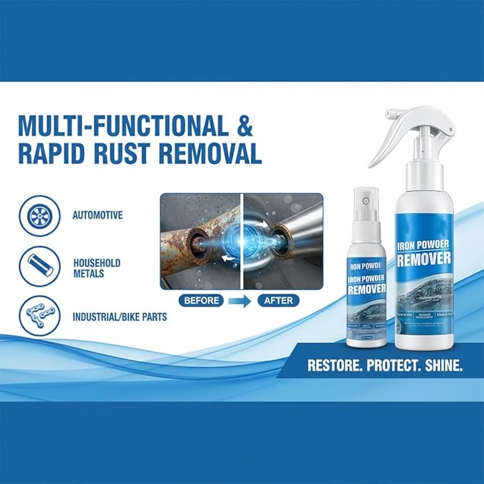 Multi-functional Quick-Acting Rust Removal Spray, 30/100ML Instant Rust Remover for Metal, Car Wheels, Tools & Bikes, Fast-Acting Iron Powder Remover, Restores Shine & Prevents Oxidation (100ml)