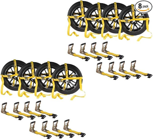 Mytee Products 8 Pack 2" x 120" Yellow Side Mount Wheel Tie Down Strap with Flat Hook & Dual Ratchet – 3,333 lbs WLL Wheel Net Fits 14–17" Tires, Heavy Duty Vehicle Tie Down Strap for Car Hauling