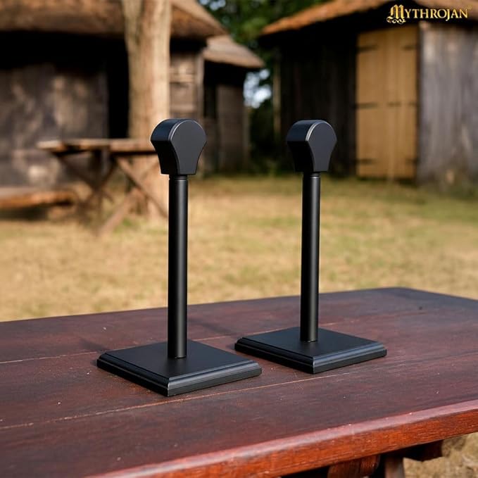 Medieval Wooden Helmet Display Stand (Set of 2) 16 Inch Black Acacia Wood Holders for Medieval, Viking, Spartan & Motorcycle Helmets | Solid Hardwood Rack for Hats, Wigs & Collectibles | Antique Finish