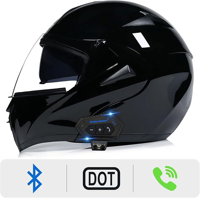 Motorcycle Bluetooth Modular Helmet, DOT Approved Dual Visor Full Face Flip up Bluetooth Integrated Motorcycle Helmets for Adults Men Women
