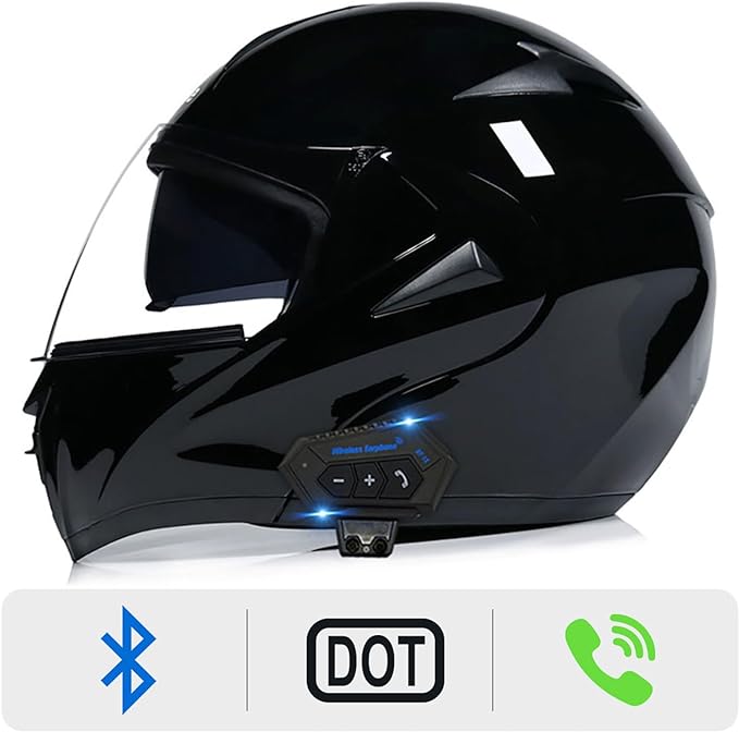 Motorcycle Bluetooth Modular Helmet, DOT Approved Dual Visor Full Face Flip up Bluetooth Integrated Motorcycle Helmets for Adults Men Women